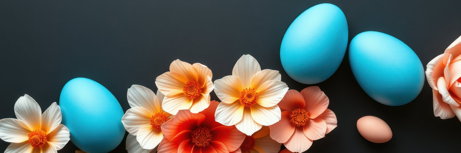 Colorful blue Easter eggs surrounded by vibrant flowers on a dark background